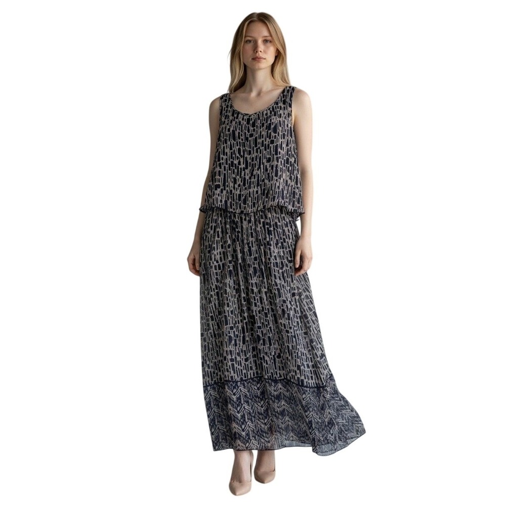 Robert Louis Navy Blue White Abstract Chiffon Popover Maxi Dress Women's Medium